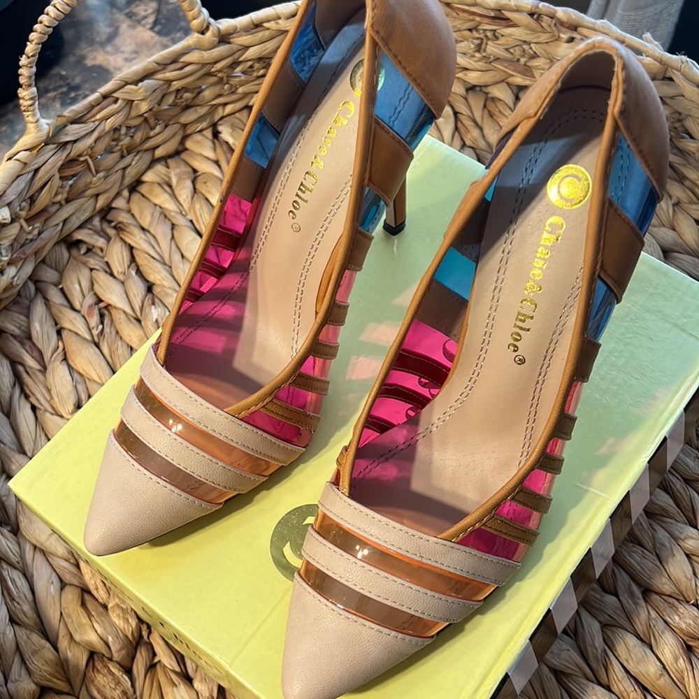 Chase & Chloe Pumps 4” Heels Nude Transparent Multi-color